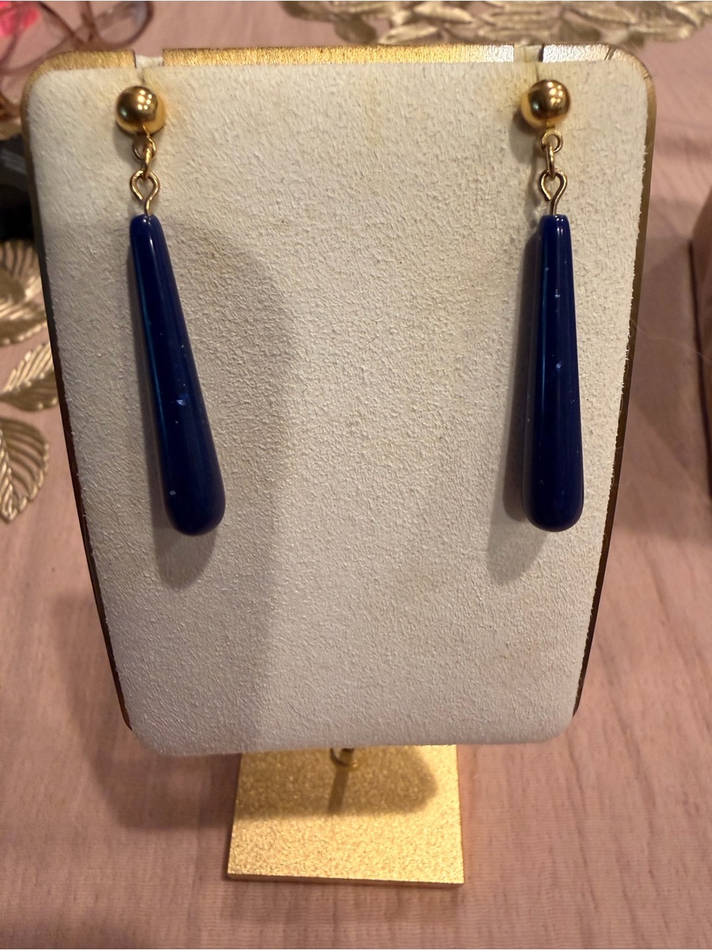 Avon Gold and Navy Teardrop Dangle Earrings - Elegant Navy Blue Women Jewelry